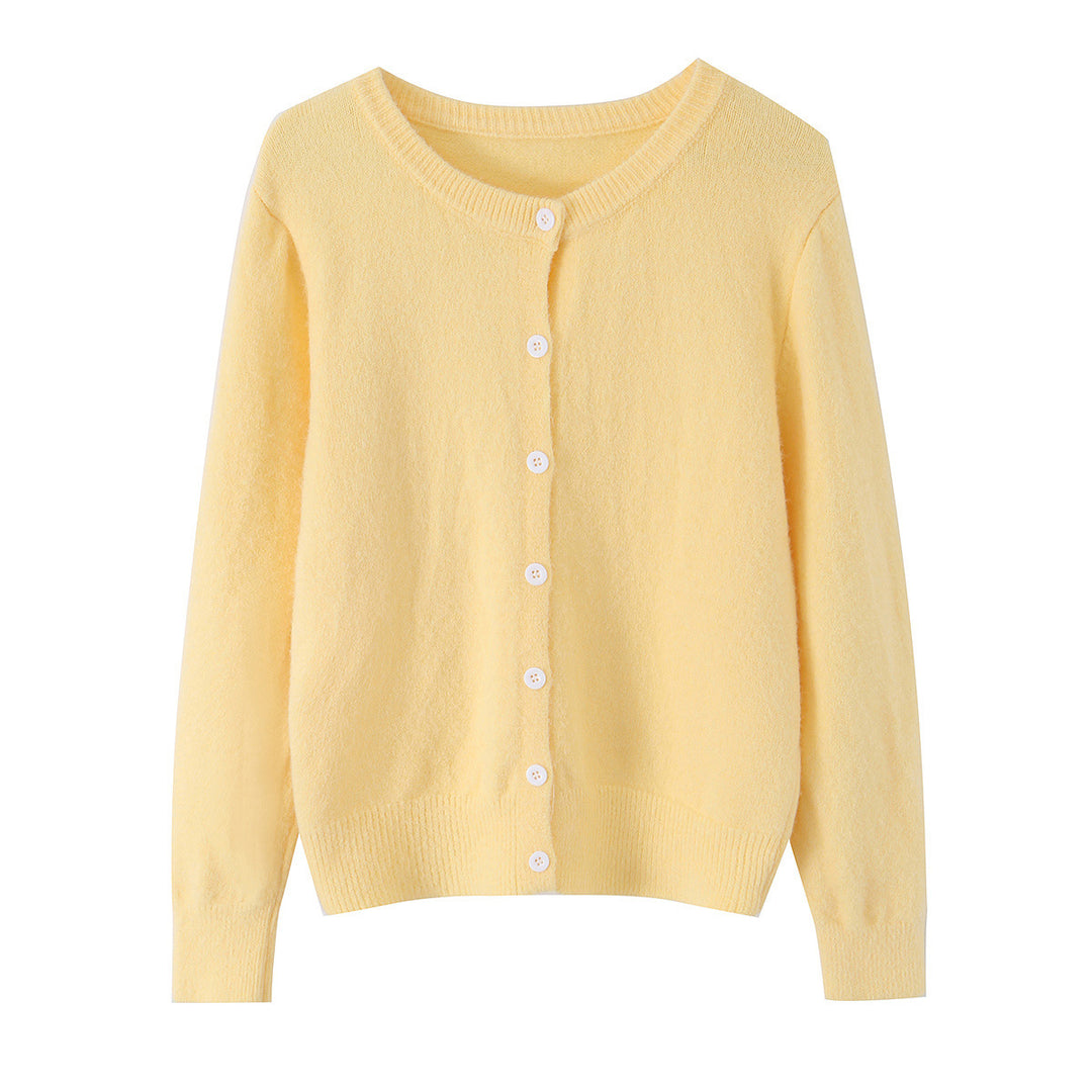Women's fine knit cardigan with round neckline, full button placket and ribbed hem Mune Fashion