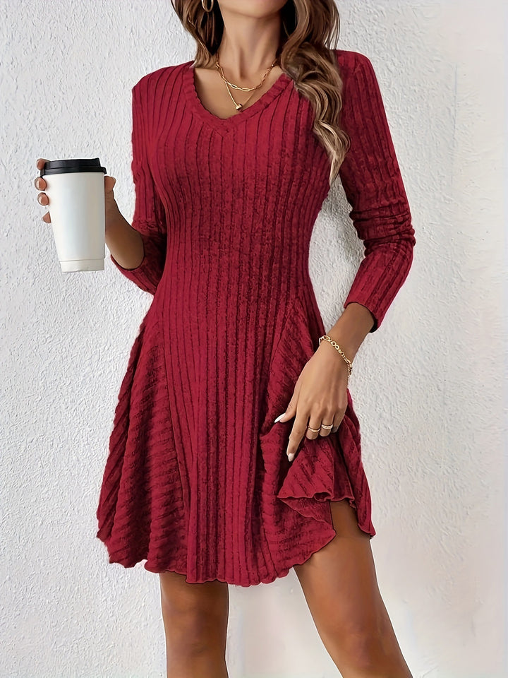 Women's Fitted Rib Knit Mini Dress with V-Neck and Flared Tiered Skirt Mune Fashion