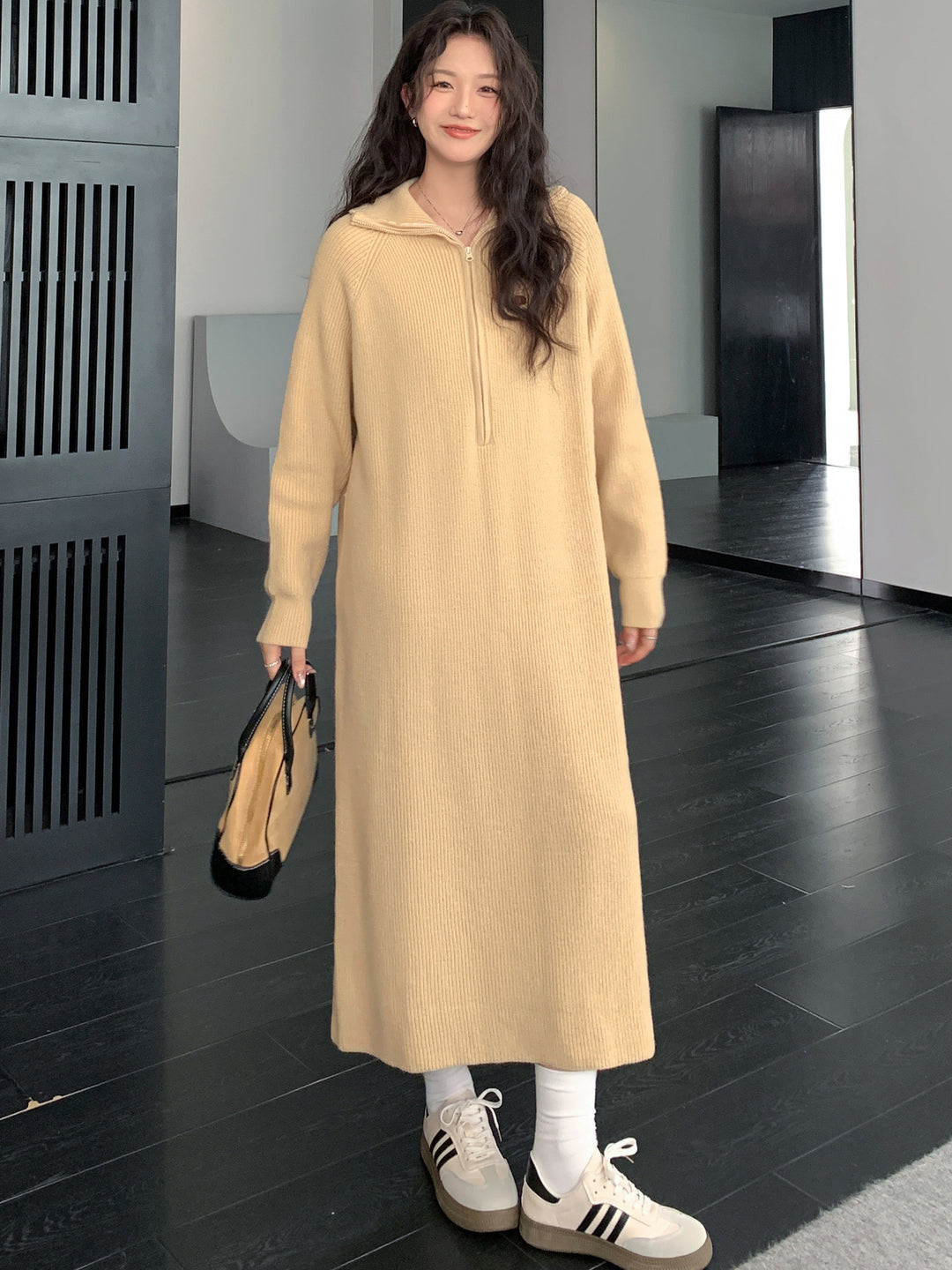 Women's Ribbed Hooded Knitted Maxi Dress with Half Zipper and Wide Fall Mune Fashion