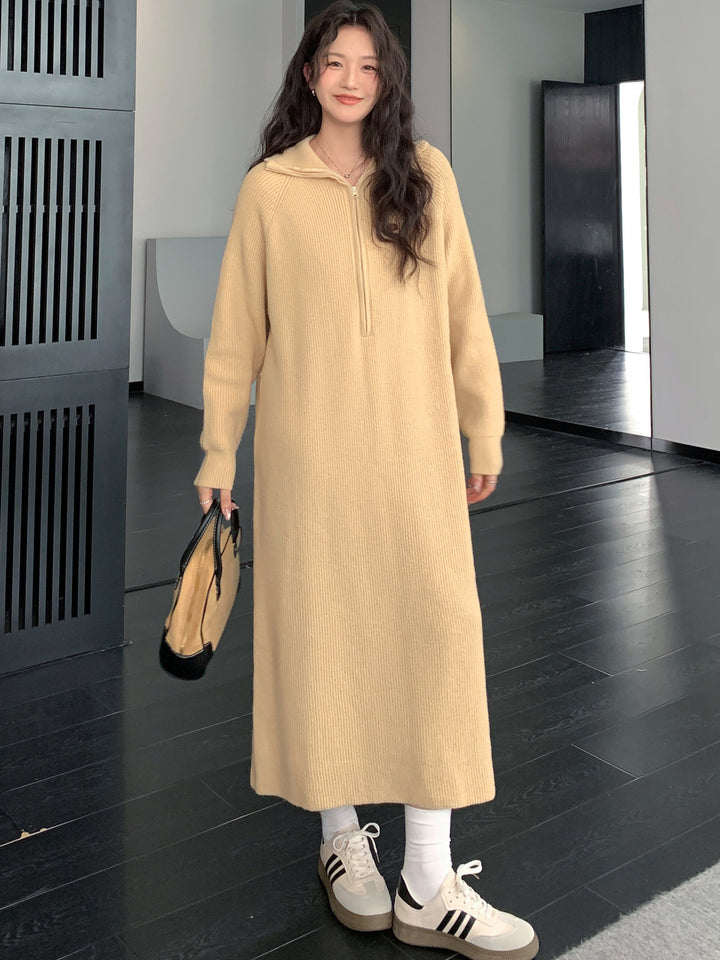 Women's Ribbed Hooded Knitted Maxi Dress with Half Zipper and Wide Fall Mune Fashion