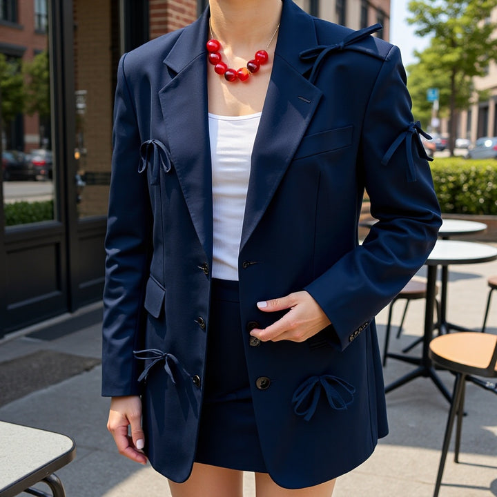 Women's Tailored Blazer with Decorative Bows and Coordinated Mini Skirt Set Mune Fashion