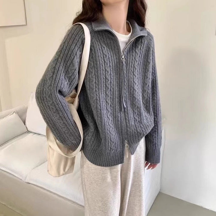 Women's Kastiger Cable Knit Cardigan with Two-Way Zipper, Stand Collar and Wide Ribbed Hem Mune Fashion