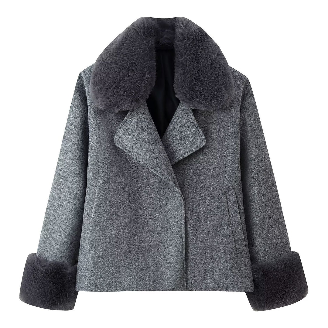 Women Short Wool Blend Coat with Removable Faux Fur Collar and Cuffs Mune Fashion