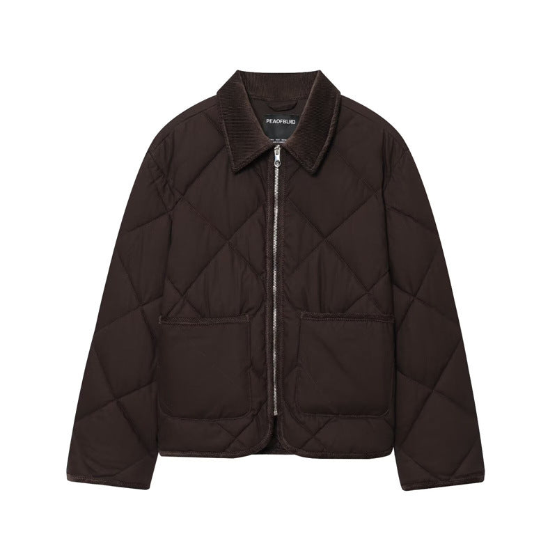 Women's short jacket quilted bomber with cord collar, front zipper and patch pockets Mune Fashion