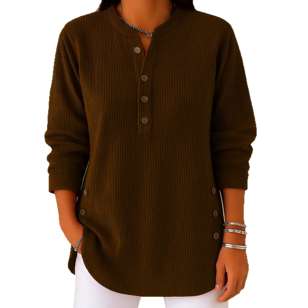Women's plisse tunic blouse with stand-up collar, button placket and side decorative buttons Mune Fashion