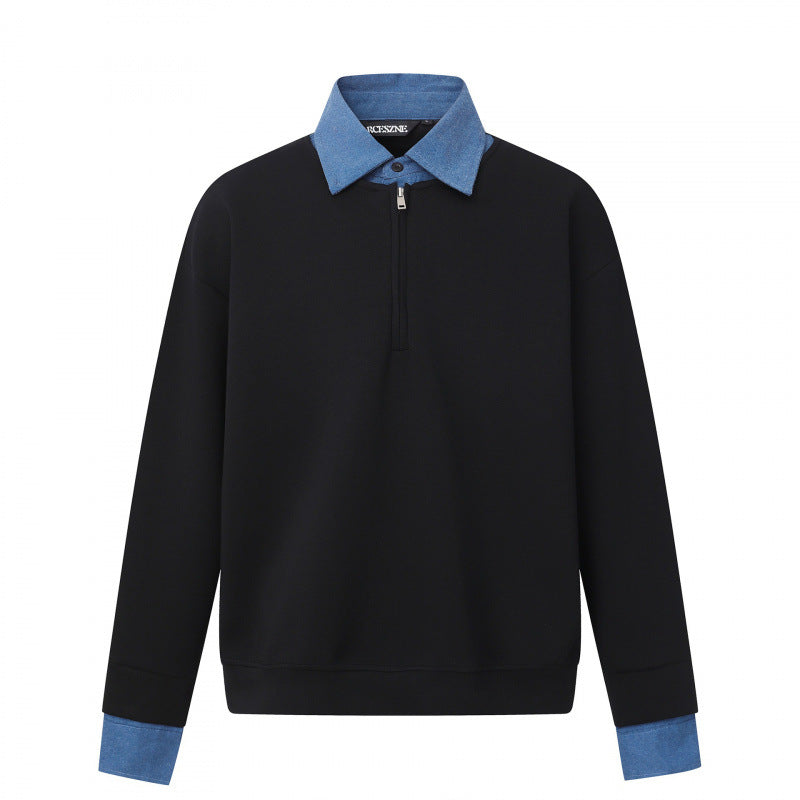 Unisex Oversize-Halfzip-Sweatshirt with contrasting shirt collar and denim cuffs Mune Fashion