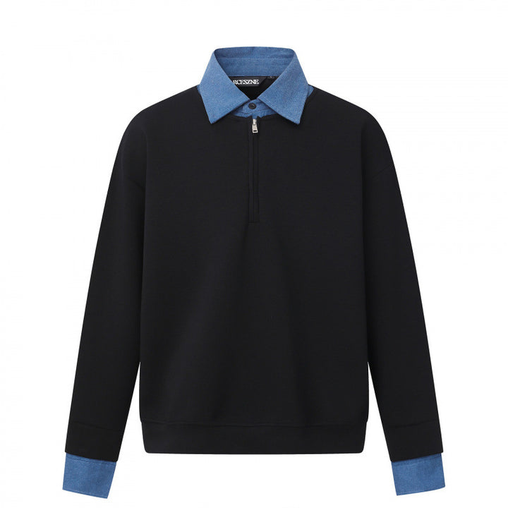 Unisex Oversize-Halfzip-Sweatshirt with contrasting shirt collar and denim cuffs Mune Fashion