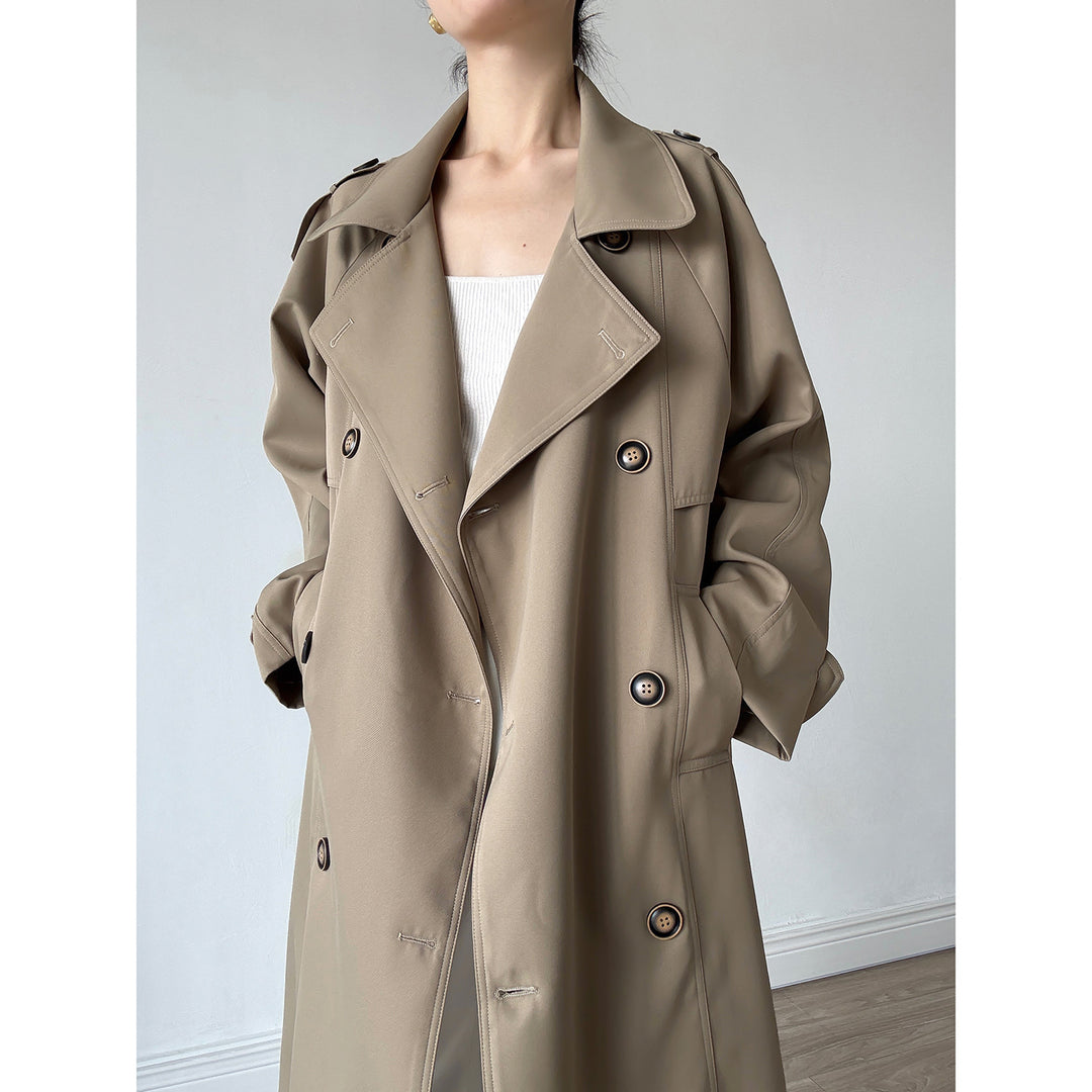 Women's Oversized Trench Coat with Raglan Sleeves and Double-Breasted Button Placket Mune Fashion