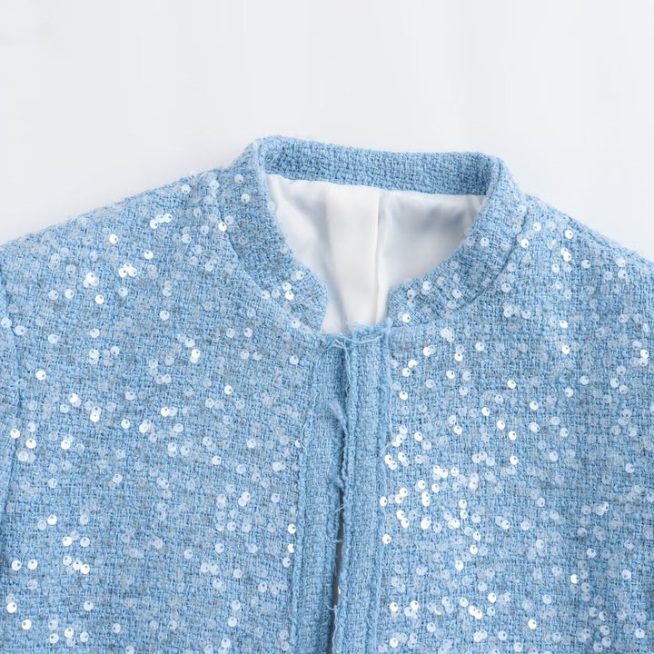 Women Short Cropped Boucle Tweed Jacket with Sequin Trim and Flap Pockets Mune Fashion