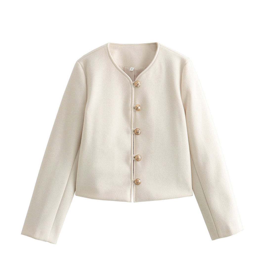 Women's short cut wool look jacket with round neckline and decorative metal button placket Mune Fashion