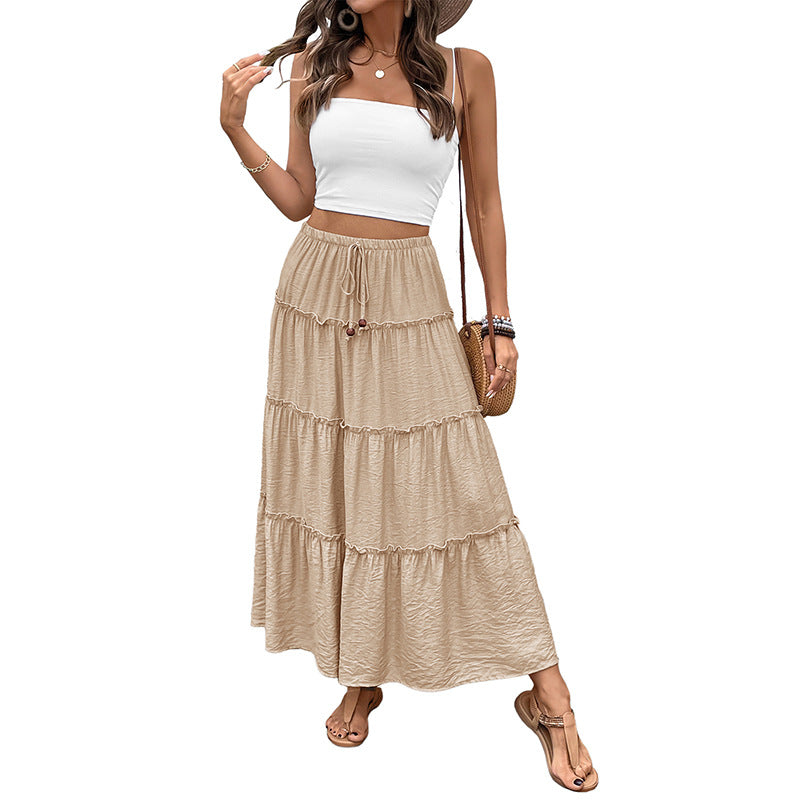 Women's tiered maxi skirt with elastic cord waistband and ruffle tiers Mune Fashion