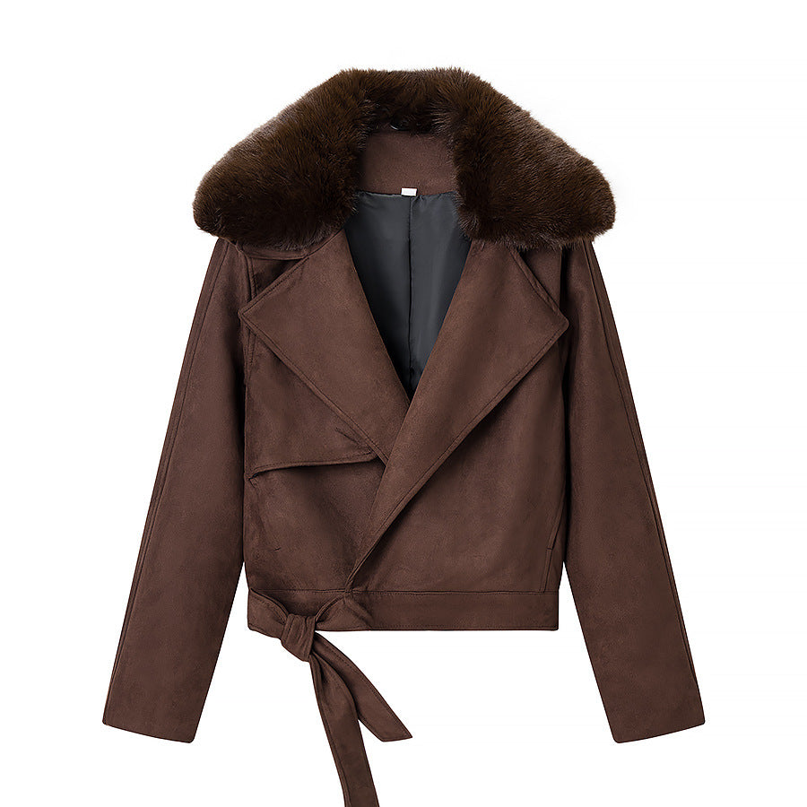 Women's Cropped Motorcycle Jacket in Suede Look with Voluminous Teddy Collar Mune Fashion