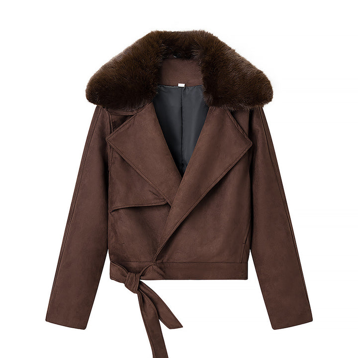 Women's Cropped Motorcycle Jacket in Suede Look with Voluminous Teddy Collar Mune Fashion