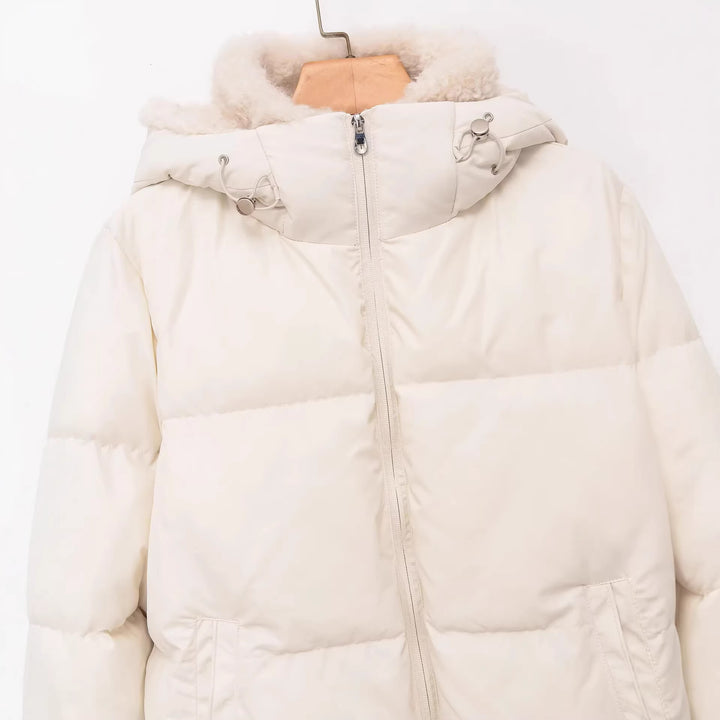 Women's quilted hooded down-look jacket with teddy lining and high collar Mune Fashion