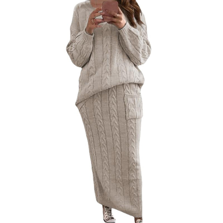 Women’s knitted set oversized cable knit sweater and maxi pencil skirt with patch pocket Mune Fashion