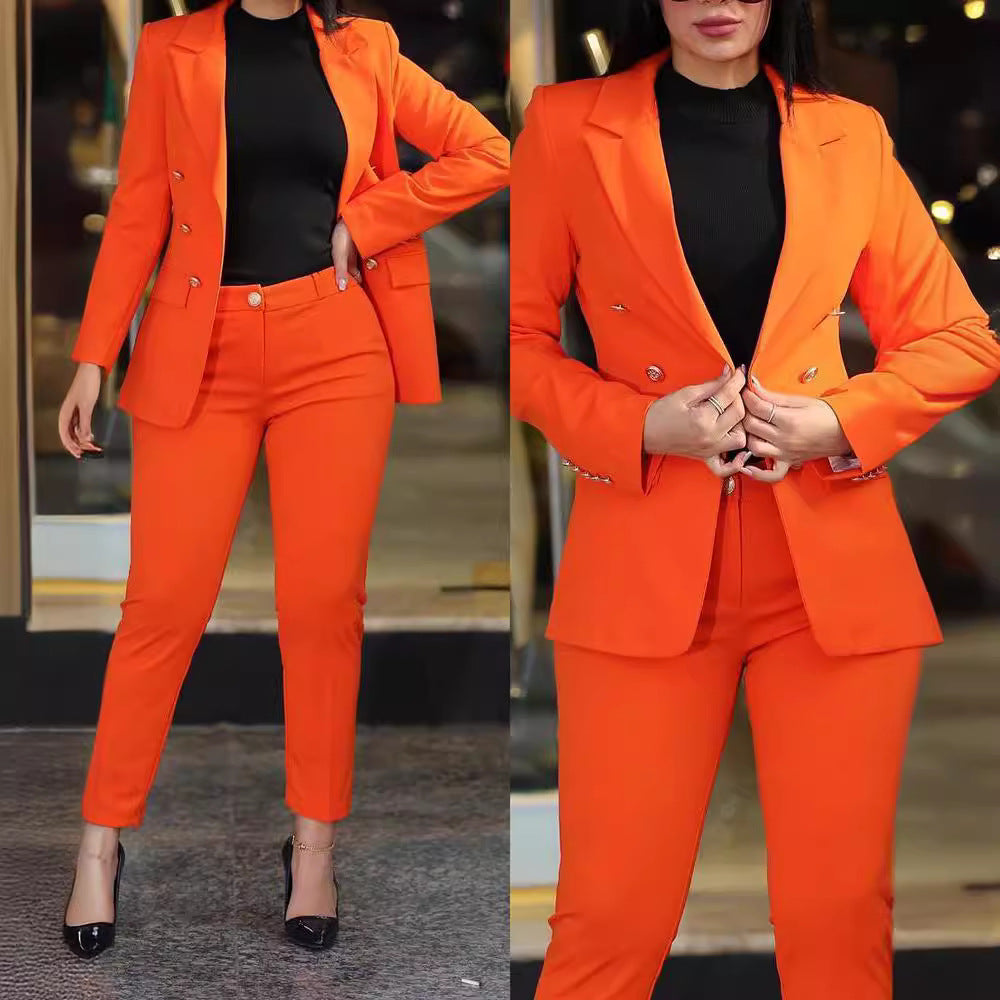 Women's tailored business pantsuit set with double-breasted blazer and tapered waistband pants Mune Fashion