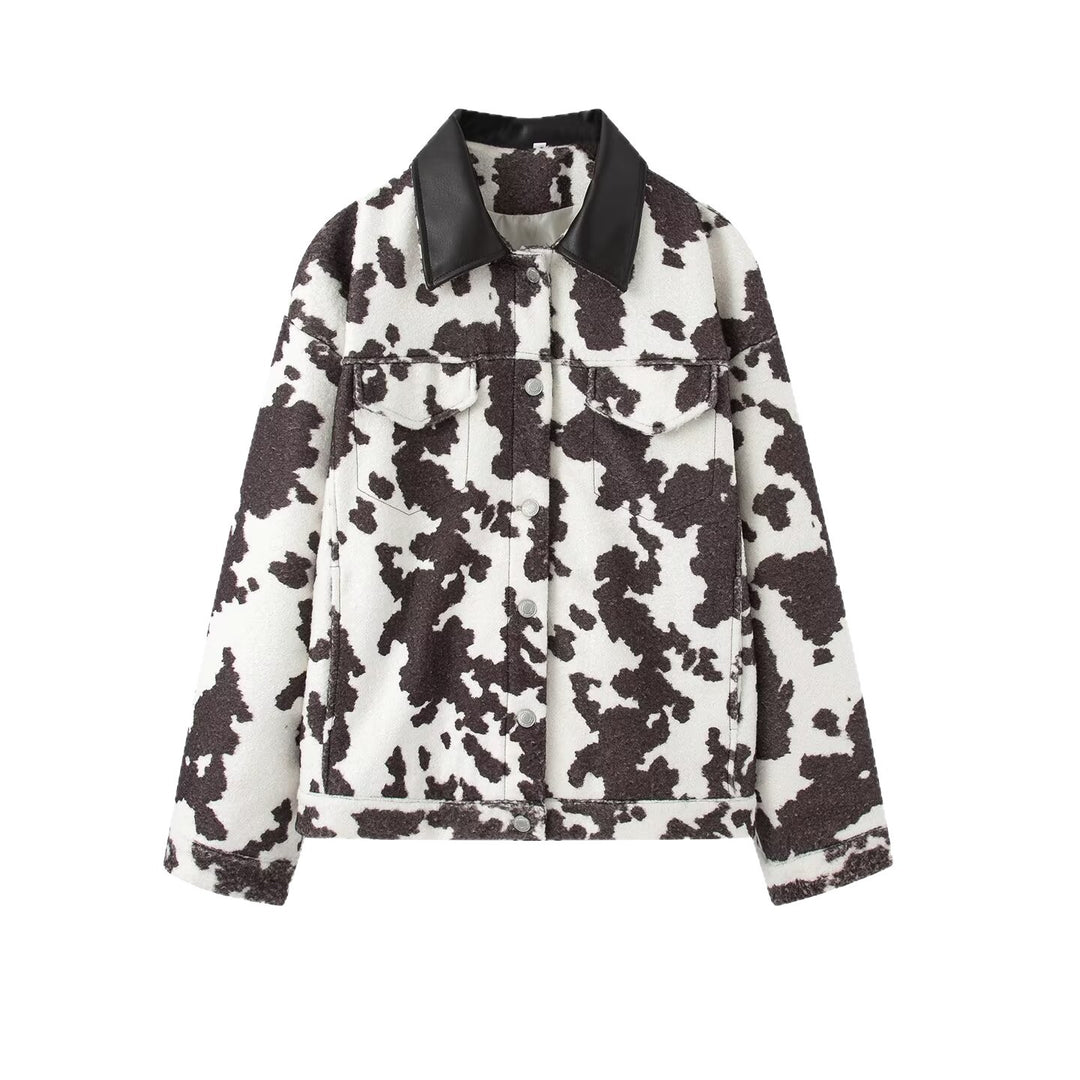 Women’s teddy trucker jacket with cow spot pattern and faux leather collar Mune Fashion