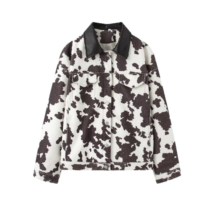 Women’s teddy trucker jacket with cow spot pattern and faux leather collar Mune Fashion