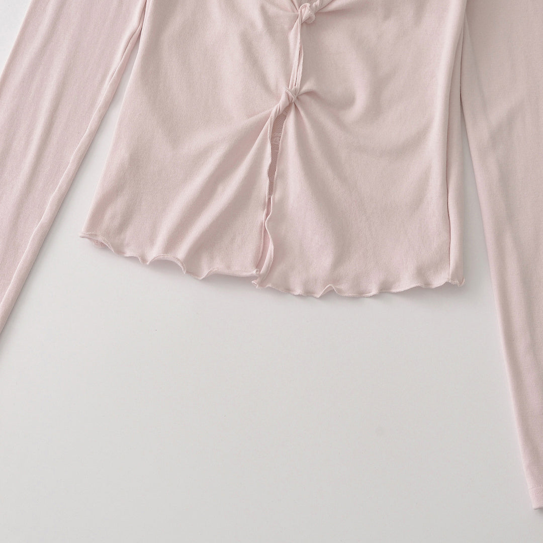 Women's Long Sleeve Fine Jersey Top with Lace Insert, Knot Front and Gathered Detail