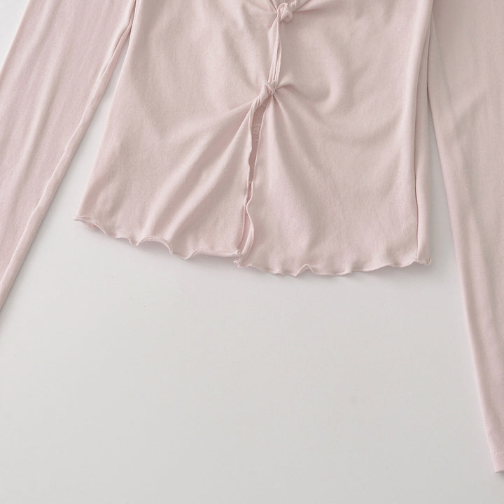 Women's Long Sleeve Fine Jersey Top with Lace Insert, Knot Front and Gathered Detail