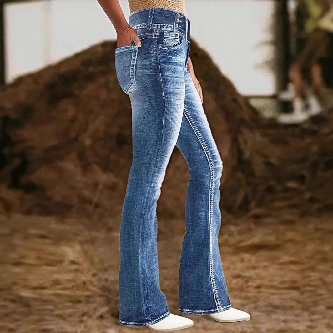 Ladies high-waisted flared jeans with side decorative seam and sculpting stretch waistband Mune Fashion
