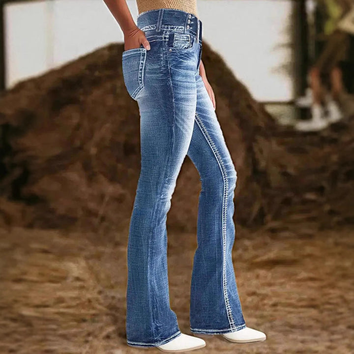Ladies high-waisted flared jeans with side decorative seam and sculpting stretch waistband Mune Fashion