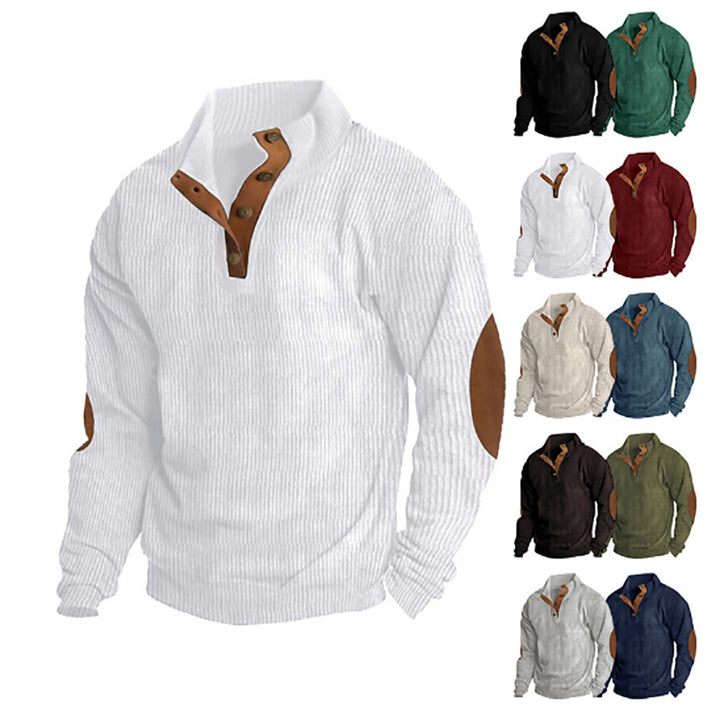 Men's ribbed knit pullover with stand-up collar, button placket and distinctive elbow patches Mune Fashion