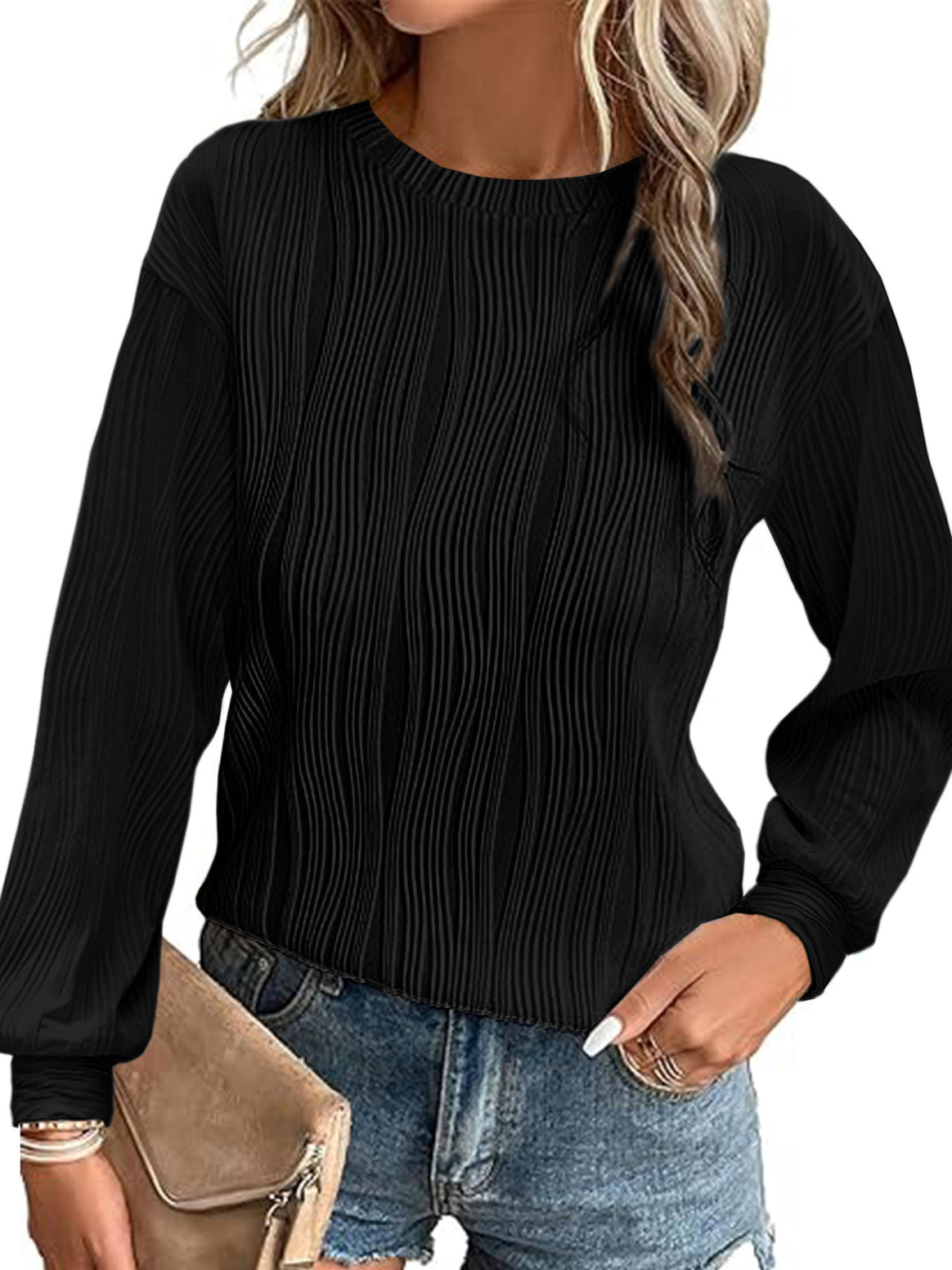 Women Pleated Fine Knit Long Sleeve with Round Neck Mune Fashion
