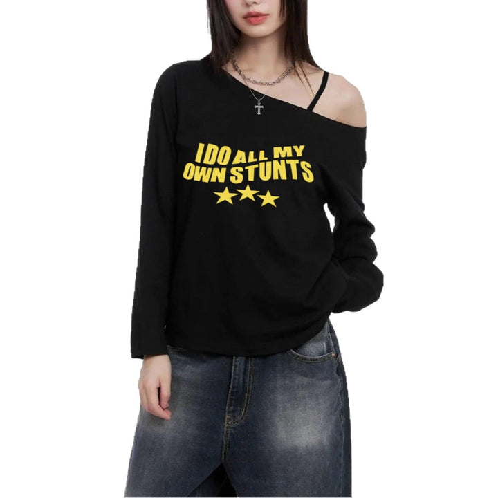 Women casual asymmetrical off-shoulder long sleeve shirt with eye-catching statement print and loose oversized fit Mune Fashion