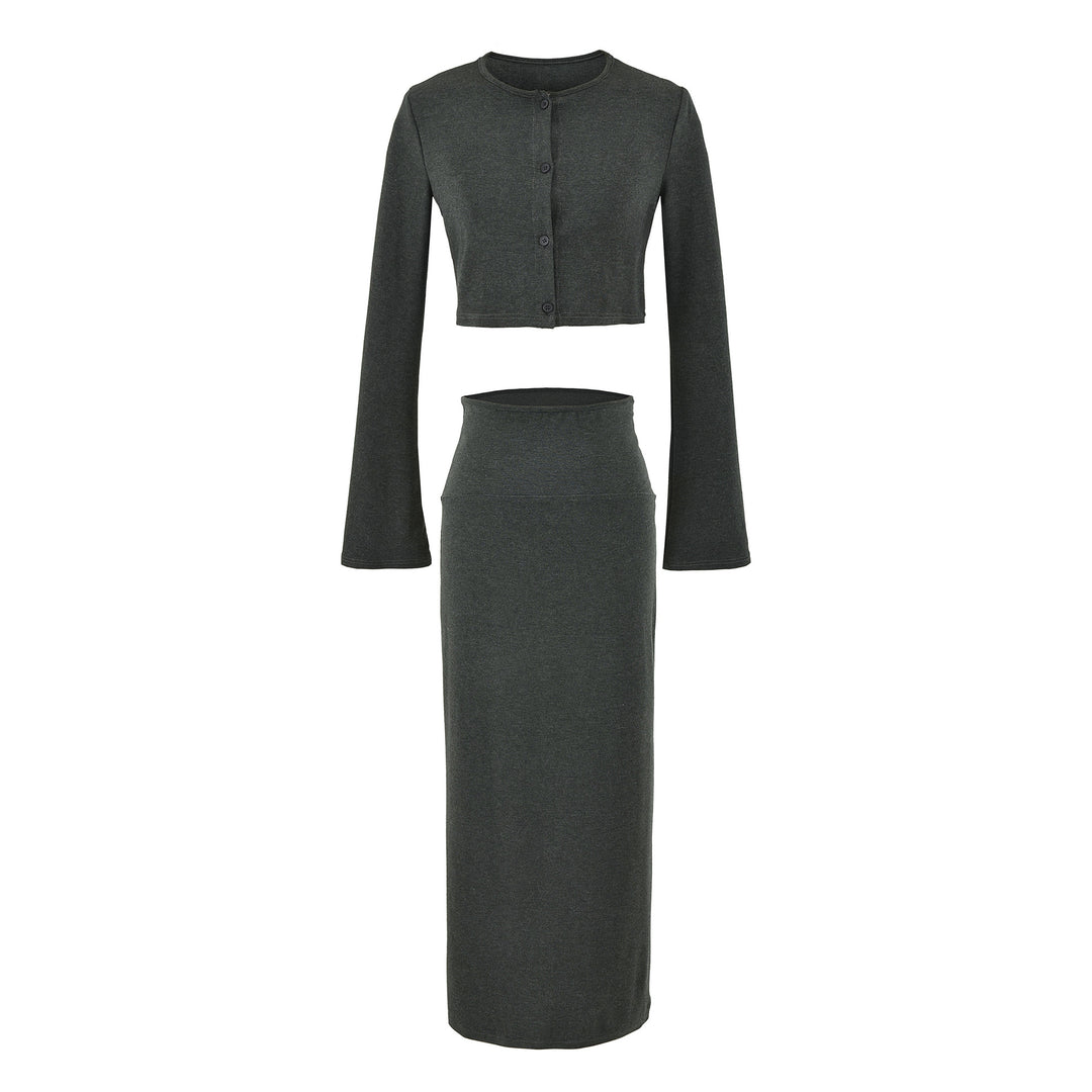 Ladies' cropped set made of fine knit with button cardigan and figure-hugging maxi skirt Mune Fashion