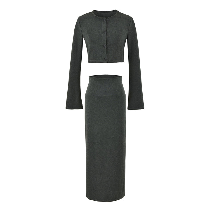 Ladies' cropped set made of fine knit with button cardigan and figure-hugging maxi skirt Mune Fashion
