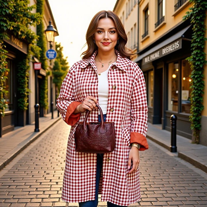 Women's Checkered Trench Coat Mid-Length with Button Placket and Contrast-Lined Cuffs Mune Fashion
