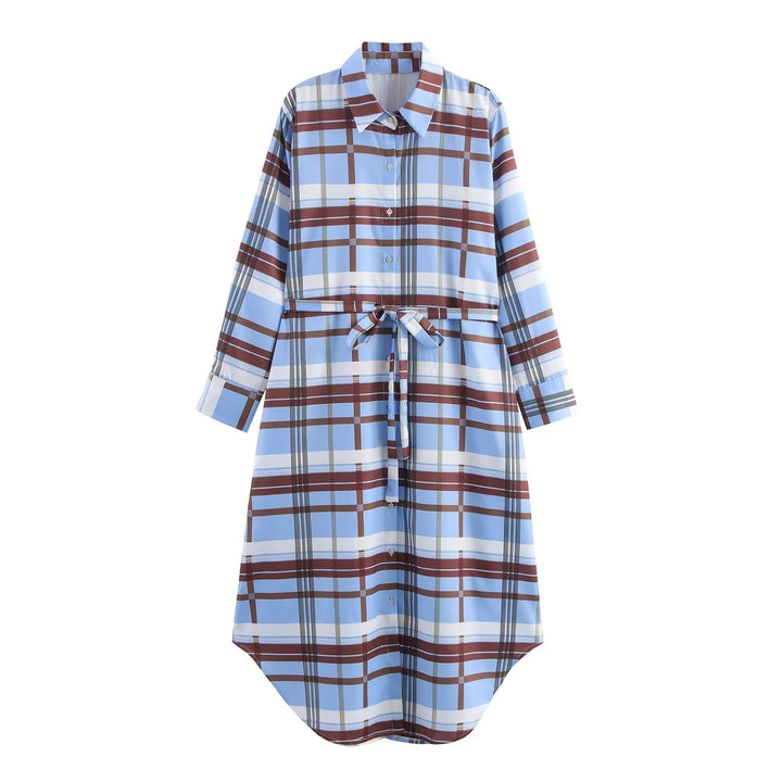 Women's checkered button-down dress with waist belt, continuous button placket and rounded high-low hem Mune Fashion