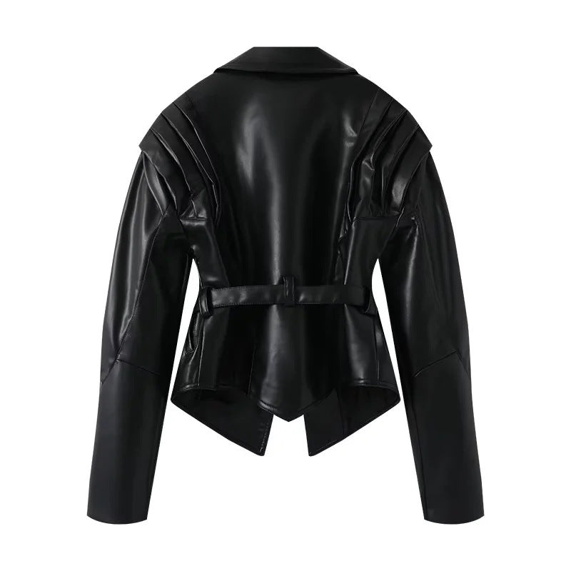 Women's tailored blazer coat with pleated shoulders, shawl collar, and tie belt Mune Fashion