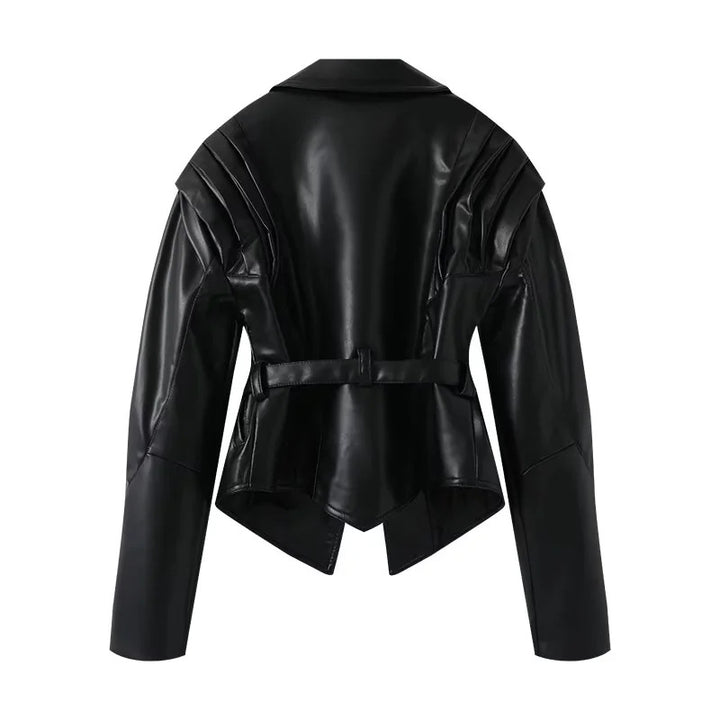 Women's tailored blazer coat with pleated shoulders, shawl collar, and tie belt Mune Fashion