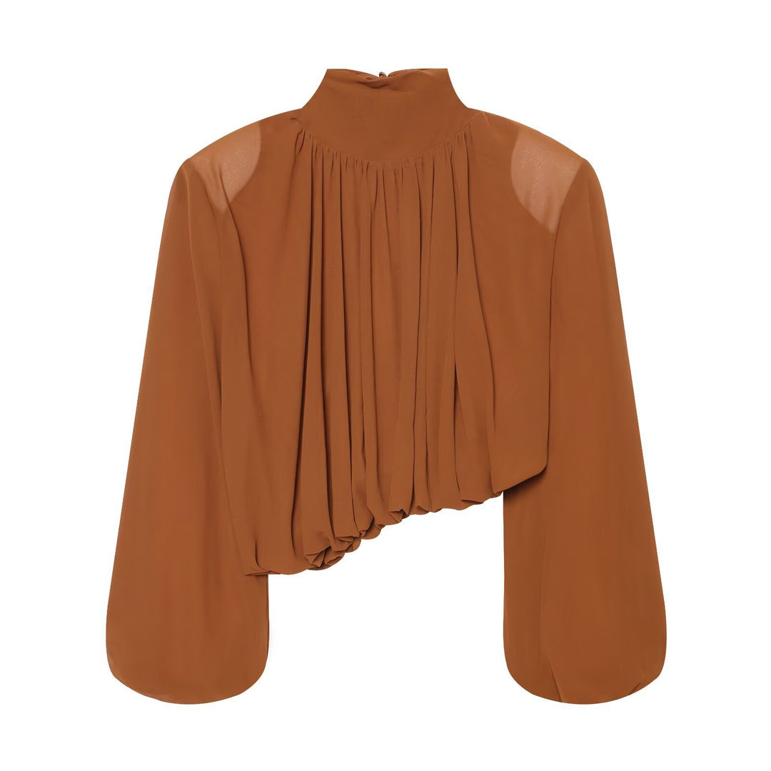 Ladies Pleated Blouse with Stand Collar and Balloon Sleeves Mune Fashion