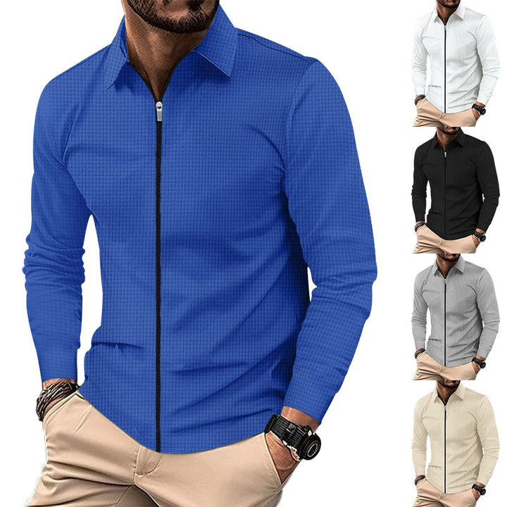 Men's structured long-sleeve polo in waffle knit with shirt collar and narrow shoulder section Mune Fashion