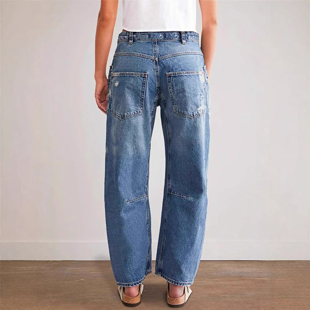 Women's oversized straight-leg jeans with patch cargo pockets and used effects Mune Fashion