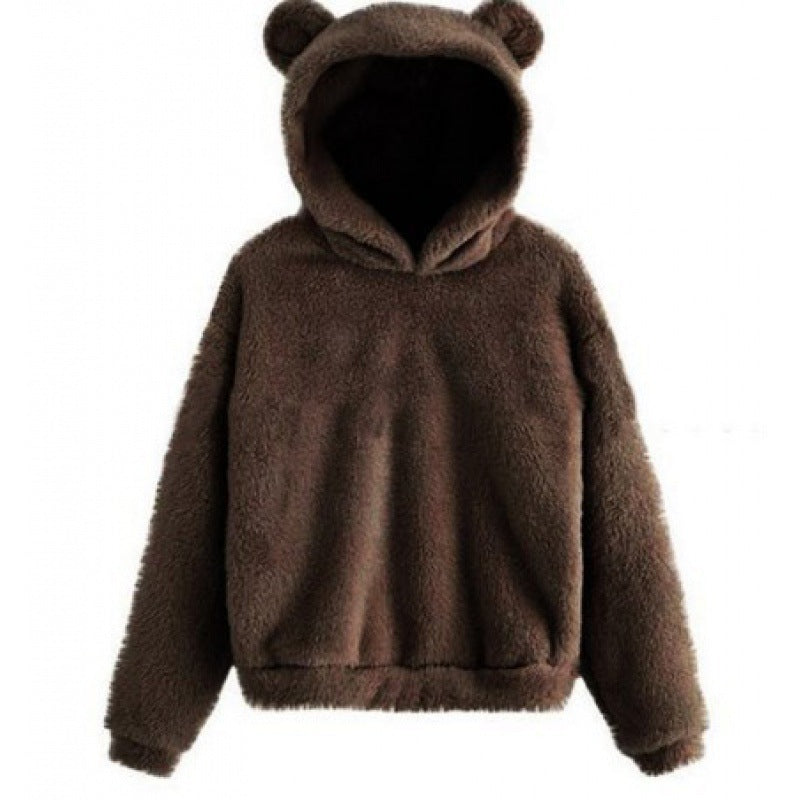 Women's Cozy Teddy Hooded Sweater with Bear Ears and Drawstring Hem Mune Fashion