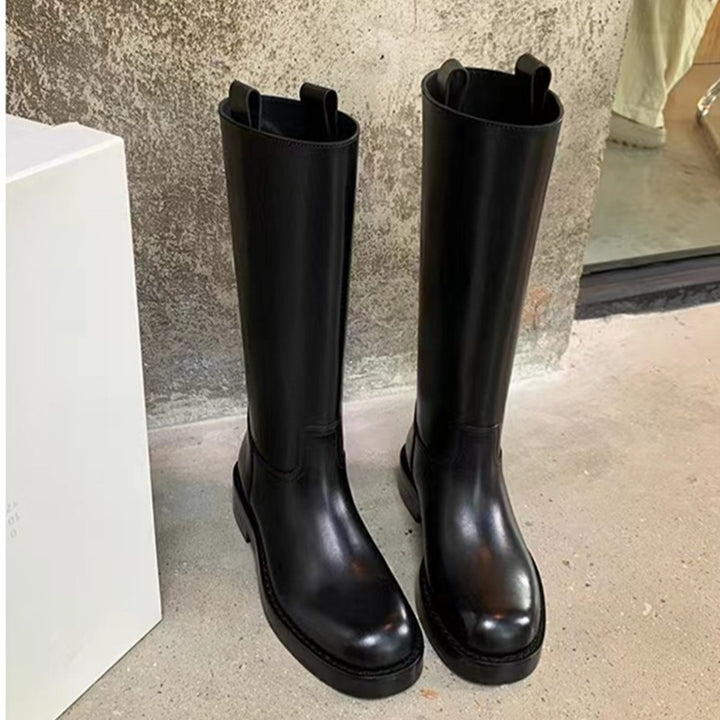 Ladies Knee-High Smooth Leather Boots with Round Toe and Robust Platform Sole Mune Fashion