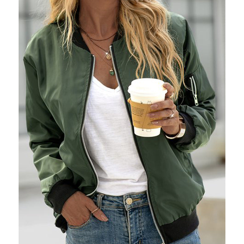 Ladies Lightweight Bomber Jacket with Zipper Ribbed Cuffs and Arm Pocket Mune Fashion