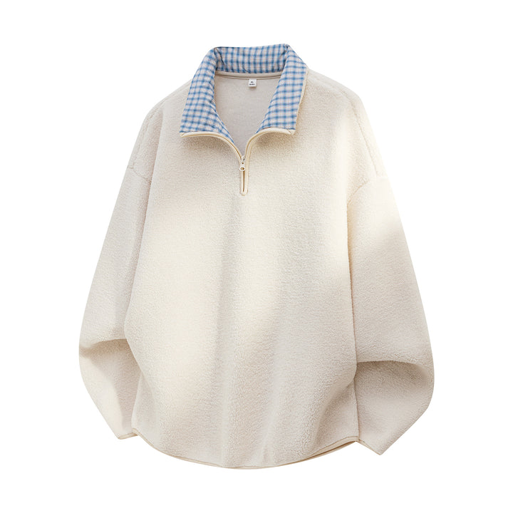 Men's Oversized Sherpa Fleece Pullover with Half Zip and Checked Collar Mune Fashion