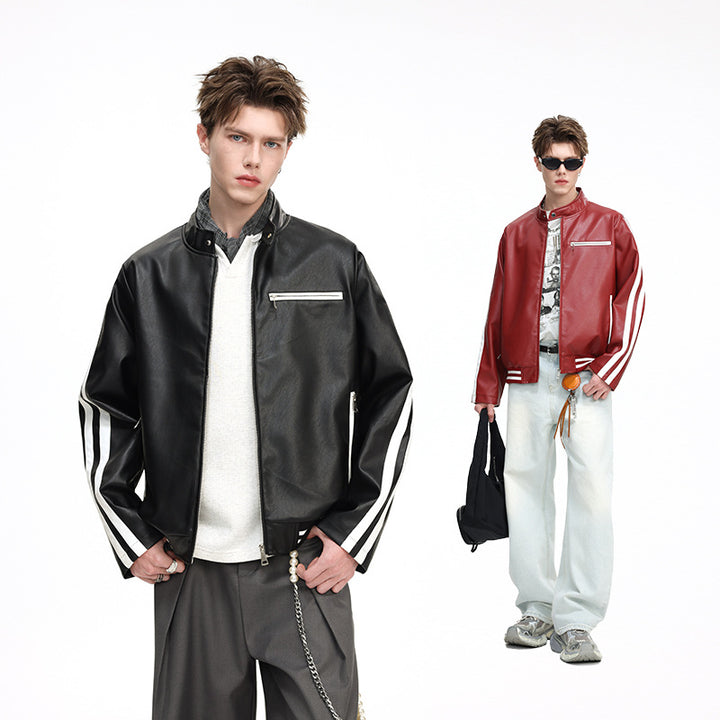 Men's Leather-like College Jacket with Contrast Stripes, Zipper Pockets, and Stand-up Collar Mune Fashion