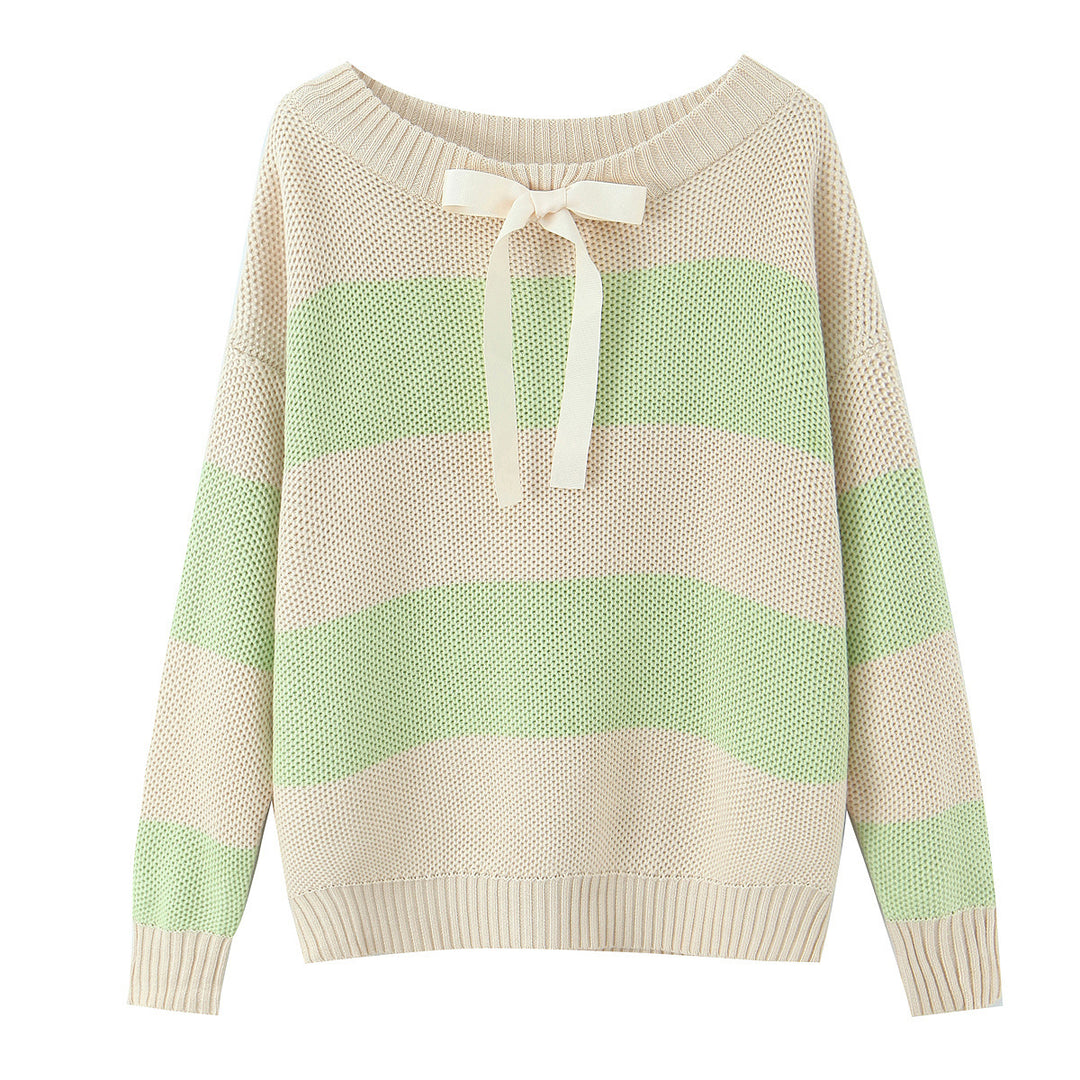 Women Oversized Off-Shoulder Sweater with Carmen Collar, Waffle Knit and Decorative Ribbons Mune Fashion