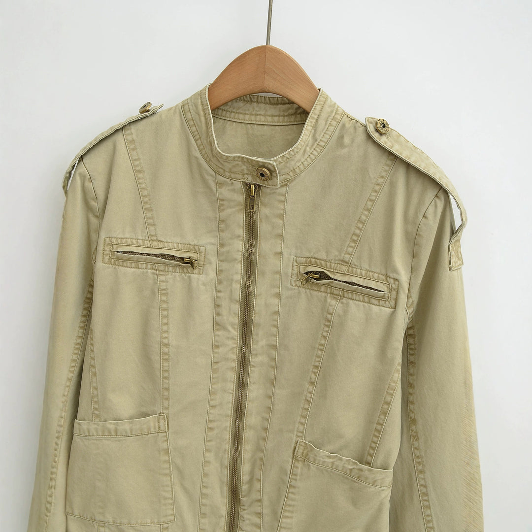 Women's field jacket with stand-up collar, shoulder flaps and golden zippers Mune Fashion