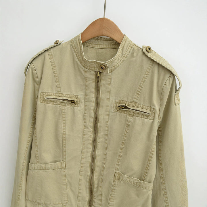 Women's field jacket with stand-up collar, shoulder flaps and golden zippers Mune Fashion
