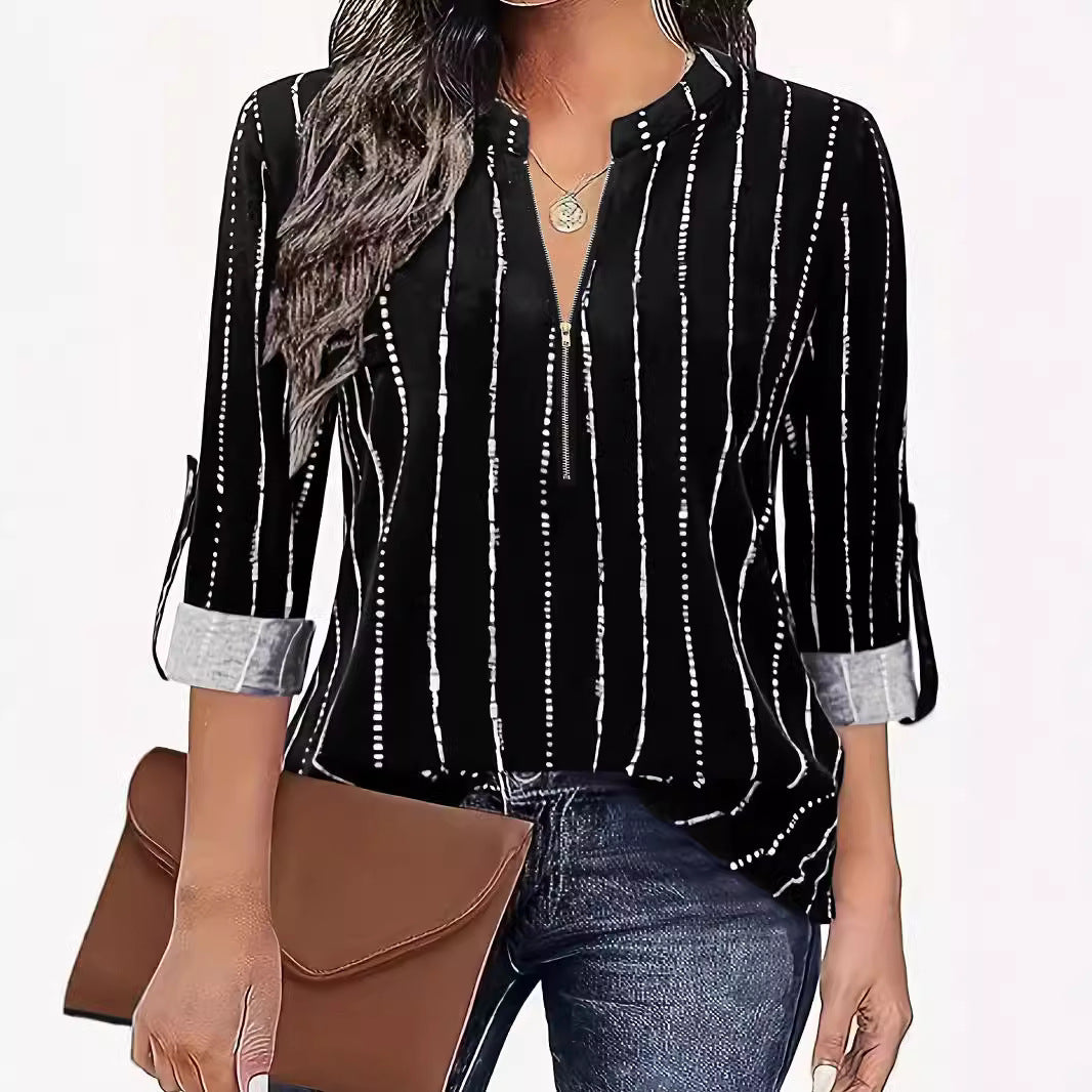 Women's Lightweight Viscose Blouse with Stand-up Collar, Zipper and Vertical Polka Dot Stripes Mune Fashion