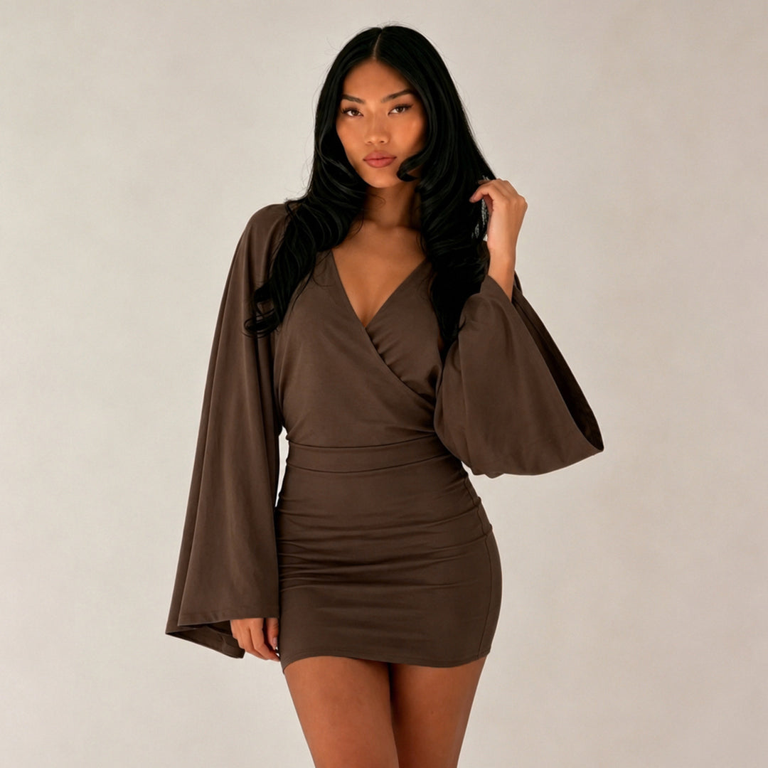 Women's wrap mini dress with kimono sleeves, tailored bodice seam, and stretchy jersey Mune Fashion