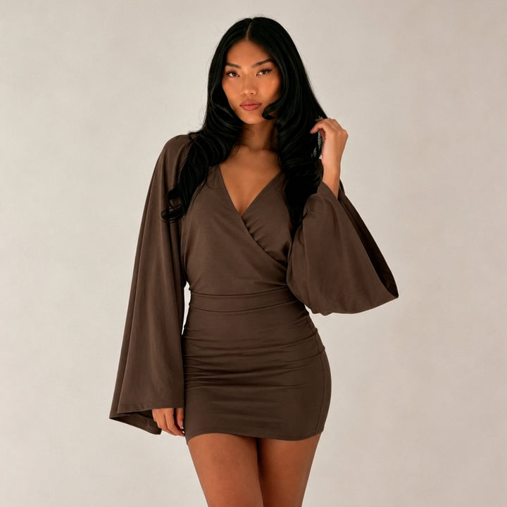 Women's wrap mini dress with kimono sleeves, tailored bodice seam, and stretchy jersey Mune Fashion