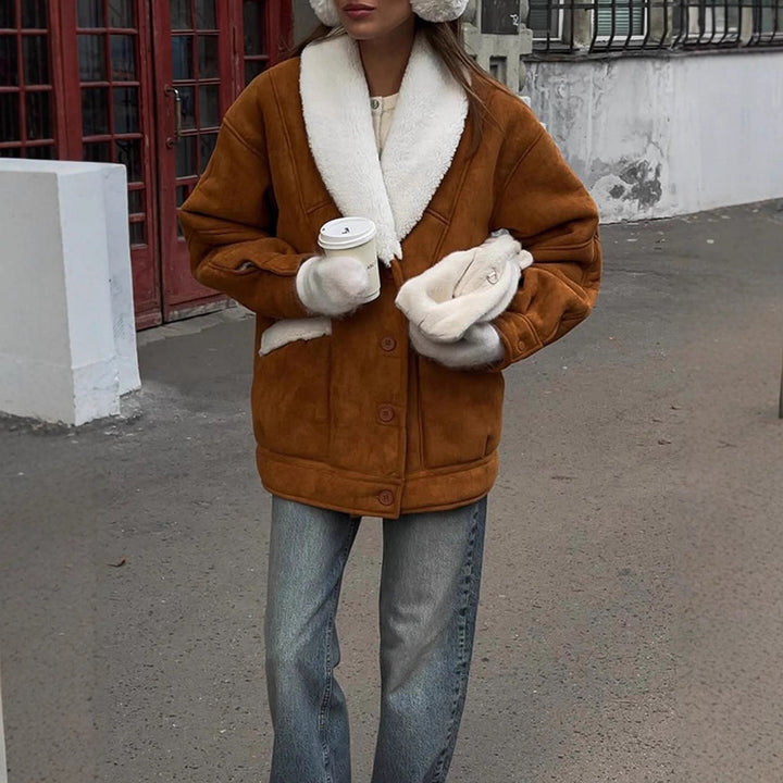Women Oversized Sheepskin Imitation Jacket with Large Shawl Collar Mune Fashion